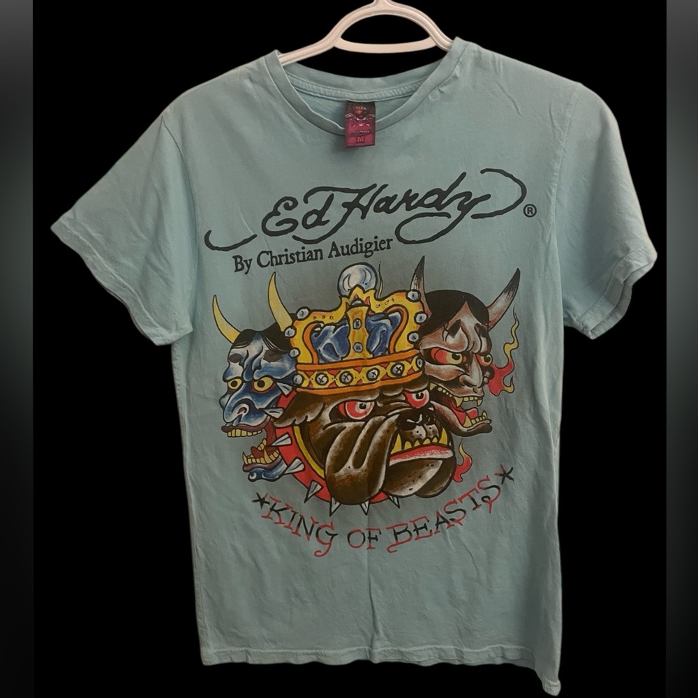 Authentic/Rare Soft blue Ed Hardy “King of Beasts” Size M Tshirt